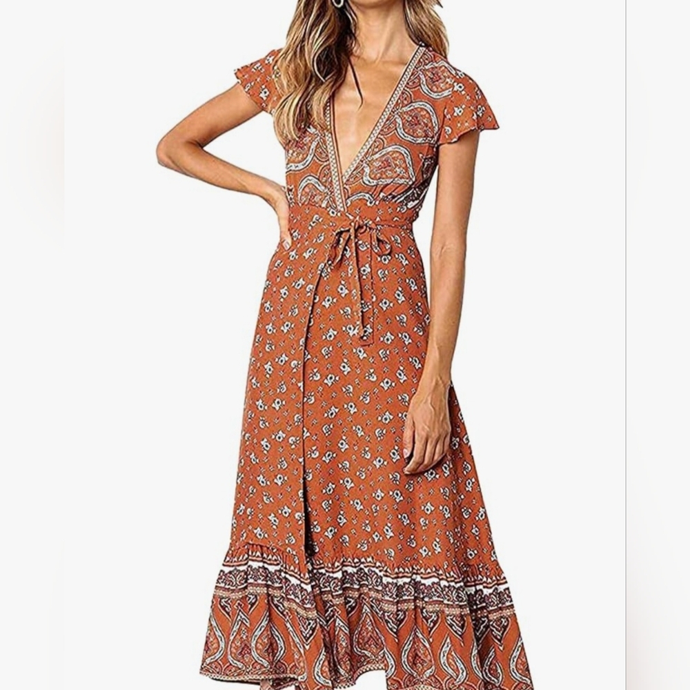 Orange Boho Maxi Wrap Dress - NWOT Size Medium